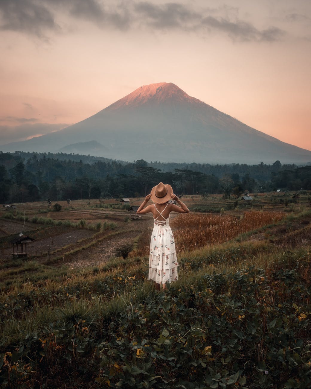 back view photo woman in white dress standing on green grass field